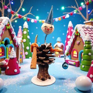 Vintage Bobblehead Elf Japan Pinecone Spun Cotton Foil Horn Mercury Glass 1950s